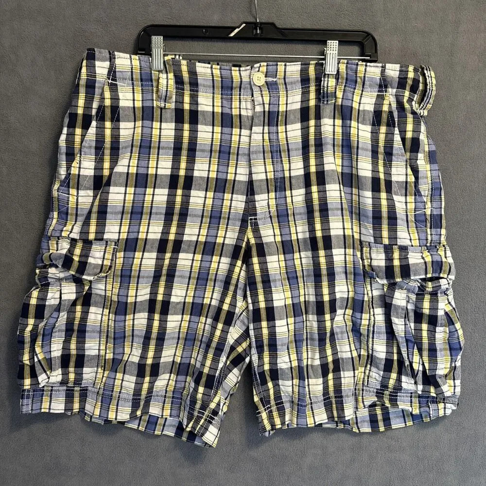 Ralph Lauren Polo Jeans Co Cargo Shorts Mens‎ 40 Blue Yellow Plaid Baggy VTG Y2K